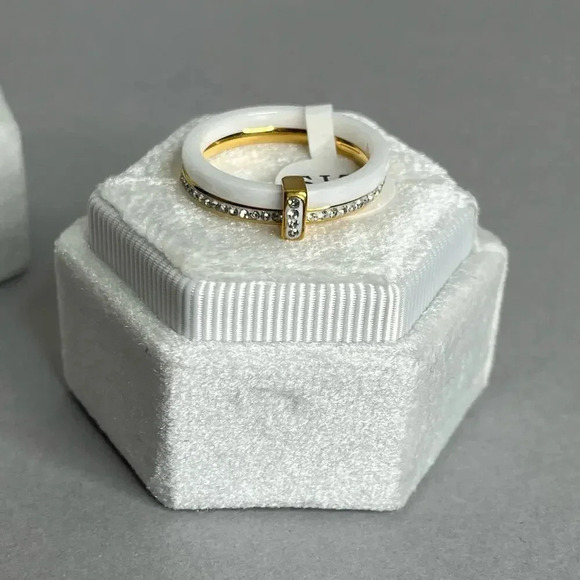 Stainless Steel Ceramic Zircon Gold Plated White Ring - Picture 3 of 8